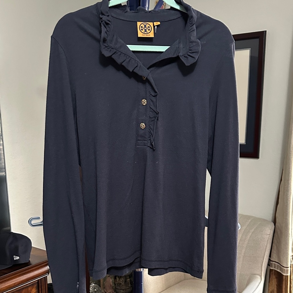 Tory Burch Navy Button Down Shirt with Ruffle Detail